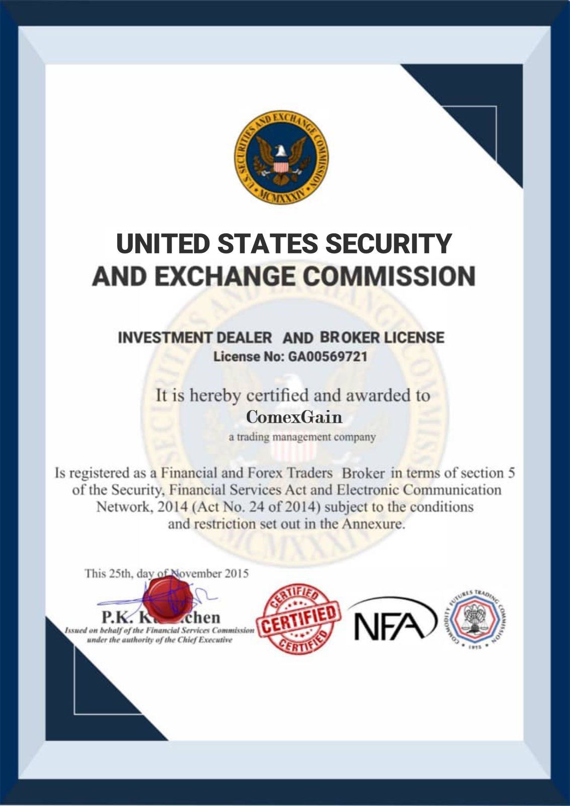 Comexgain Certificate